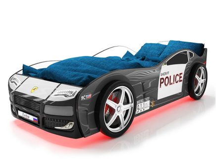 Кровать-машина "КарлСон Турбо Полиция" с подъемным механизмом, объемными колесами, подсветкой дна и фар