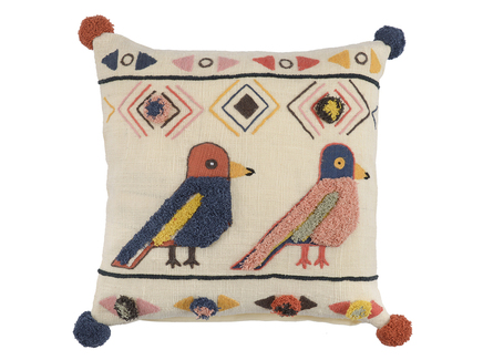 Чехол на подушку в этническом стиле с помпонами и вышивкой "Птицы" из коллекции Еthnic, 45х45 см