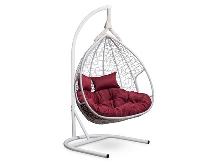 Подвесное двухместное кресло-кокон "FISHT" белое с бордовой подушкой