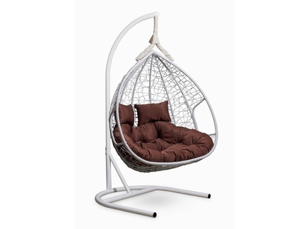 Подвесное двухместное кресло-кокон "FISHT" белое с коричневой подушкой