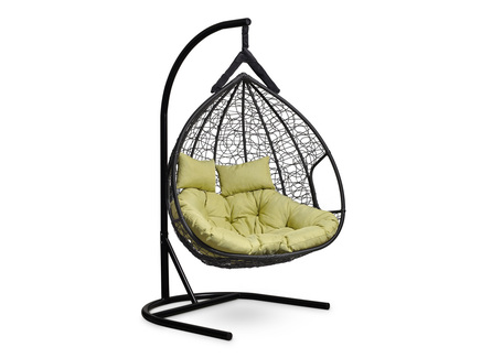 Подвесное двухместное кресло-кокон "FISHT" черное с зеленой подушкой