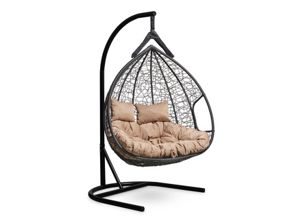 Подвесное двухместное кресло-кокон "FISHT" черное с бежевой подушкой