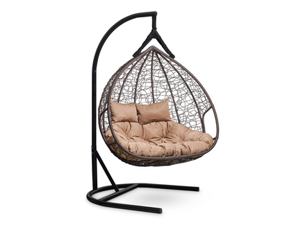 Подвесное двухместное кресло-кокон "FISHT" коричневое с бежевой подушкой