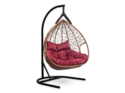 Подвесное двухместное кресло-кокон "FISHT" горячий шоколад с бордовой подушкой
