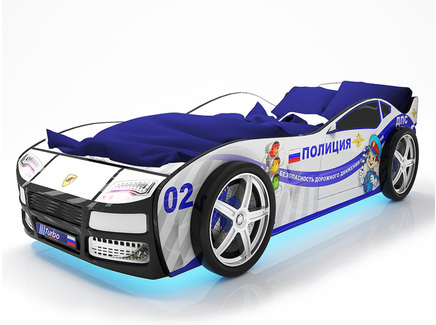 Кровать-машина "КарлСон Турбо Полиция" (с объемными колесами, с подсветкой дна и фар)