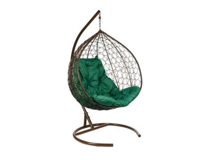 Подвесное кресло двухместное Double, цвет плетения – коричневый, подушка – зеленый, каркас – коричневый
