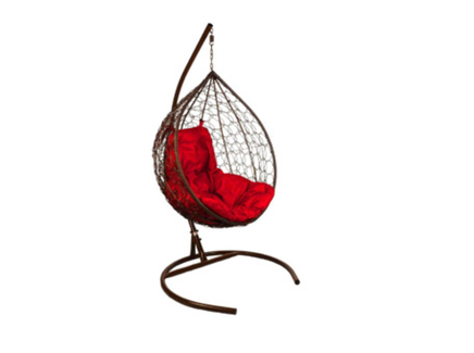 Подвесное кресло "Капля", цвет плетения – коричневый, подушка – красный, каркас – коричневый